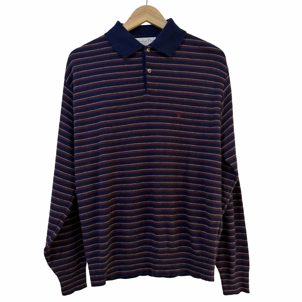 VTG Christian Dior Mens‎ Stripe Polo Sweater Size XL Navy Preppy Ivy League Luxe